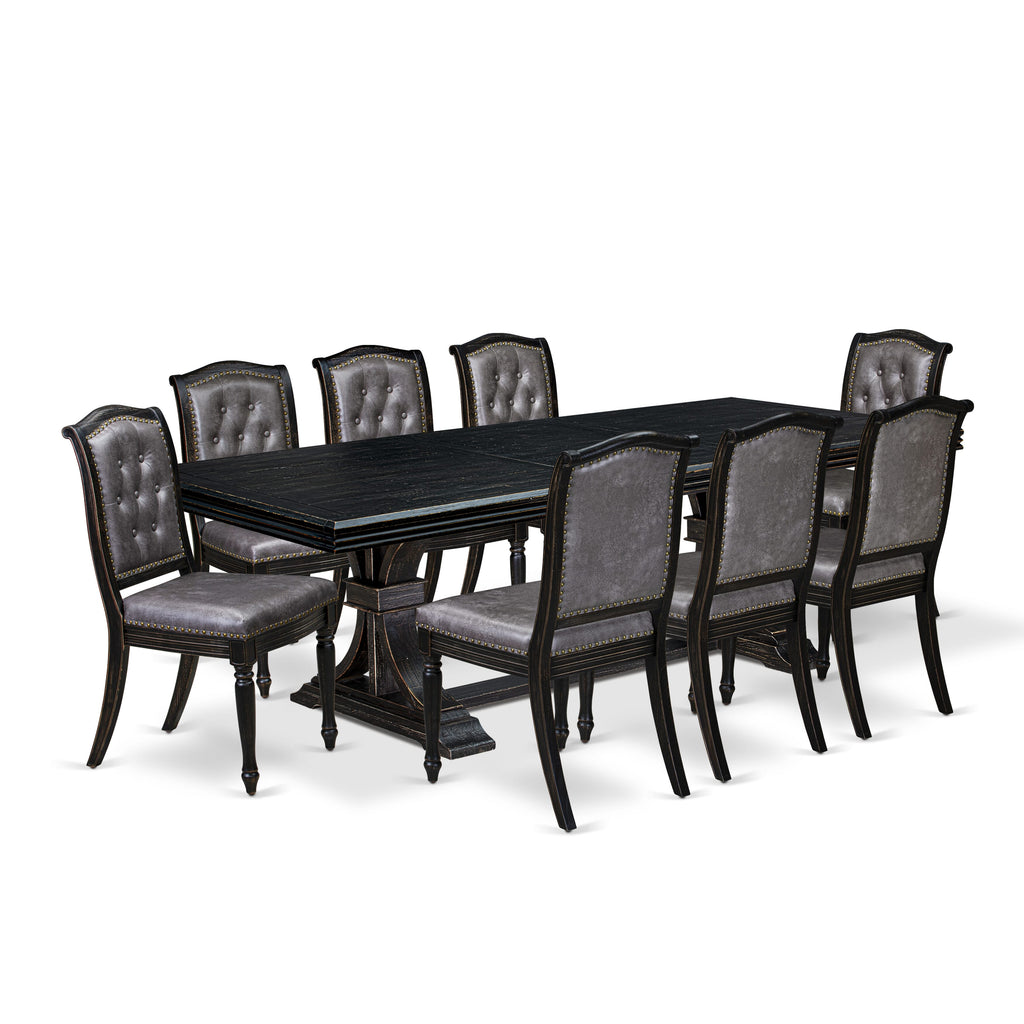 Luxe by East West Furniture - NEMA9-SBB-34 - 9-pc Modern Dining Set consists of a Mid Century Dining Table and 8 Dark Grey PU Leather Dining Chairs with Button Tufted Back - Sand Blasting Black
