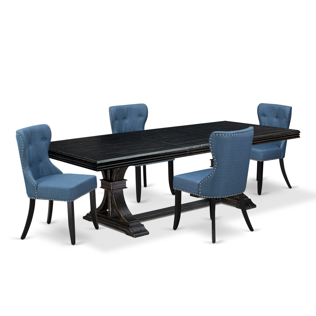 Luxe by East West Furniture - NESI5-SBB-21 - 5-piece Mid Century Dining Set consists of a Kitchen Table and 4 Blue Linen Fabric Dinner Chairs with Button Tufted Back - Sand Blasting Black Finish