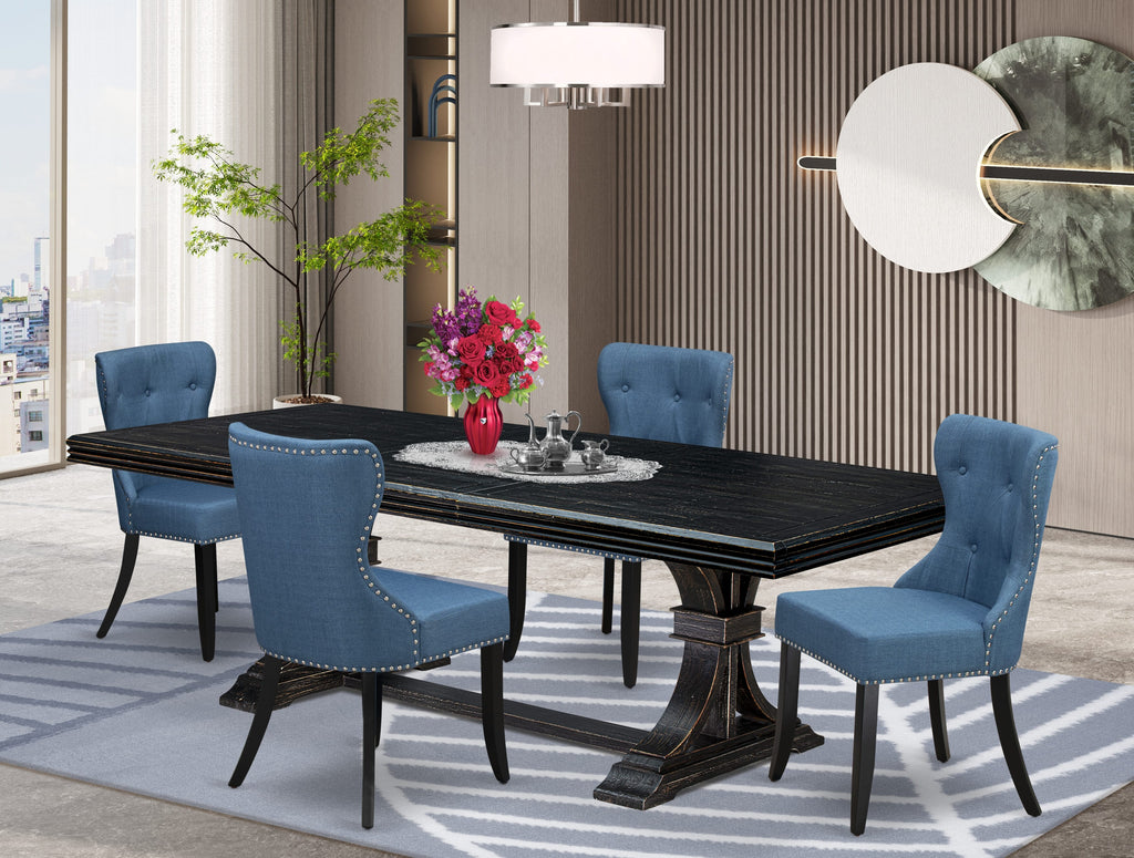 Luxe by East West Furniture - NESI5-SBB-21 - 5-piece Mid Century Dining Set consists of a Kitchen Table and 4 Blue Linen Fabric Dinner Chairs with Button Tufted Back - Sand Blasting Black Finish