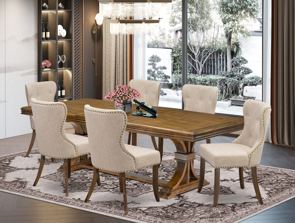 Luxe by East West Furniture - NESI7-AWA-04 - 7-piece Dining Room Table Set consists of a Modern Table and 6 Light Tan Linen Fabric Dining Chairs with Button Tufted Back - Antique Walnut Finish