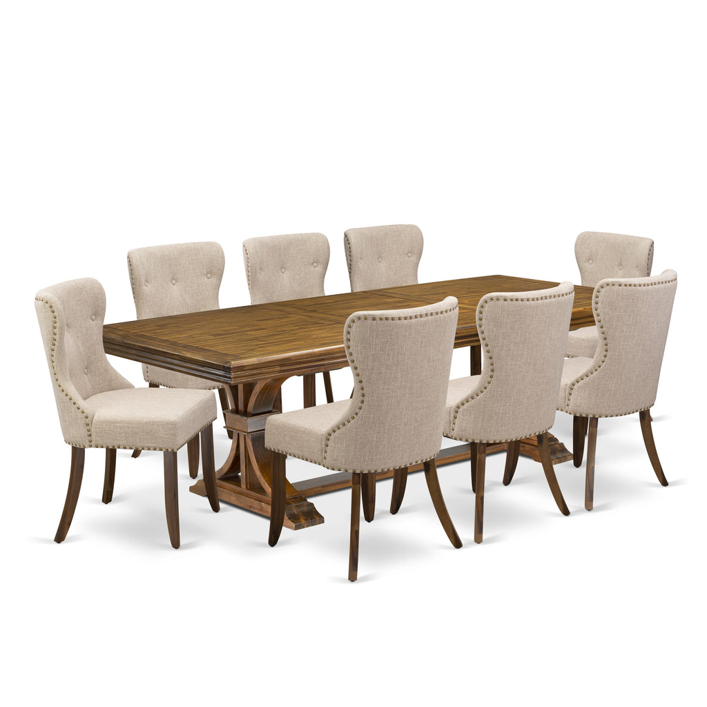 Luxe by East West Furniture - NESI9-AWA-04 - 9-piece Dining Table Set consists of a Modern Kitchen Table and 8 Light Tan Linen Fabric Dining Chairs with Button Tufted Back - Antique Walnut Finish