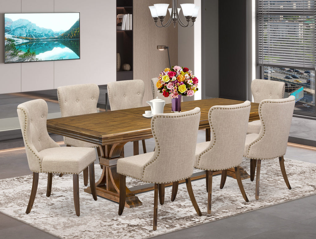 Luxe by East West Furniture - NESI9-AWA-04 - 9-piece Dining Table Set consists of a Modern Kitchen Table and 8 Light Tan Linen Fabric Dining Chairs with Button Tufted Back - Antique Walnut Finish