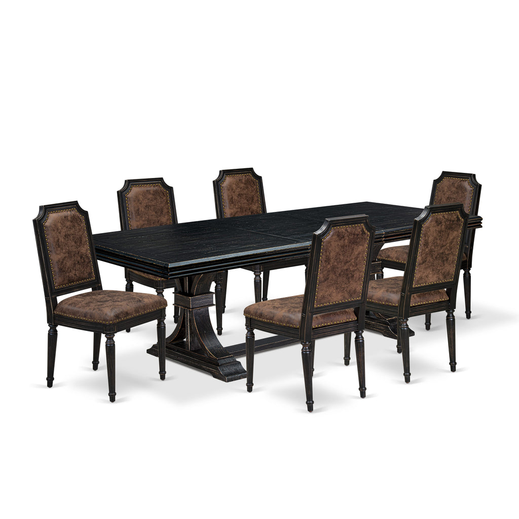 Luxe by East West Furniture NETY7-SBB-33 7-piece Modern Dining Table Set consists of a Dining Table and 6 Brown Textured PU Leather Dinner Chairs with High Back-Sand Blasting Black Finish