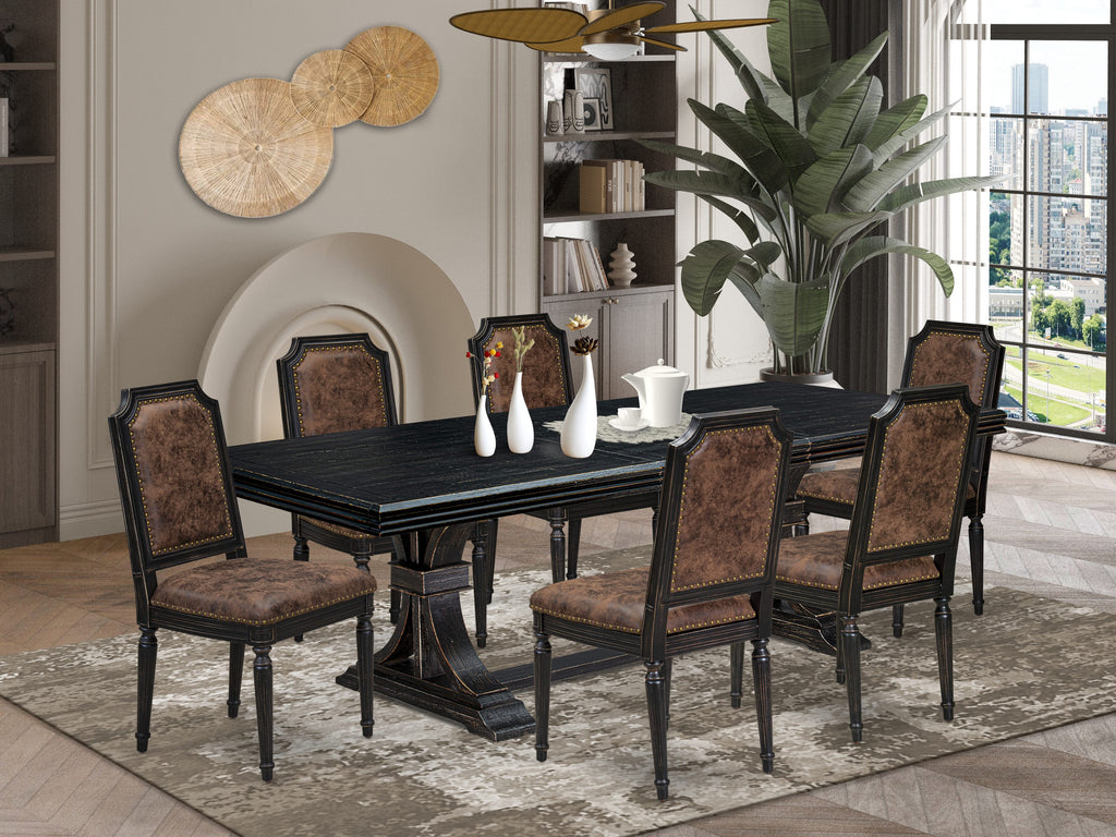 Luxe by East West Furniture NETY7-SBB-33 7-piece Modern Dining Table Set consists of a Dining Table and 6 Brown Textured PU Leather Dinner Chairs with High Back-Sand Blasting Black Finish