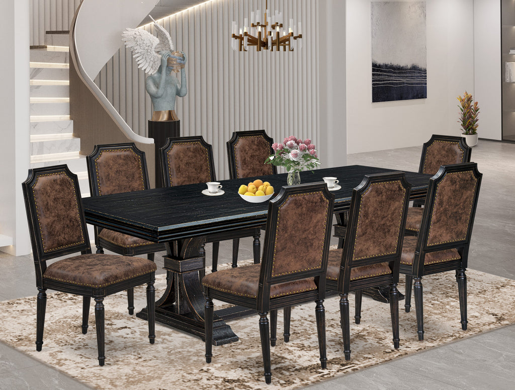 Luxe by East West Furniture NETY9-SBB-33 9-piece Dining Room Set includes a Kitchen Table and 8 Brown Textured PU Leather Dining Chairs with High Back-Sand Blasting Black Finish