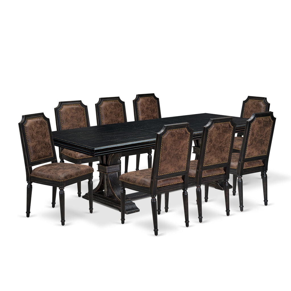 Luxe by East West Furniture NETY9-SBB-33 9-piece Dining Room Set includes a Kitchen Table and 8 Brown Textured PU Leather Dining Chairs with High Back-Sand Blasting Black Finish