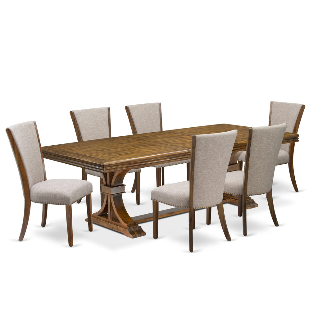Luxe by East West Furniture NEVE7-AWA-04 7-piece Modern Dining Table Set consists of a Kitchen Table and 6 Light Tan Linen Fabric Dining Chairs with Button tufted Back - Antique Walnut Finish