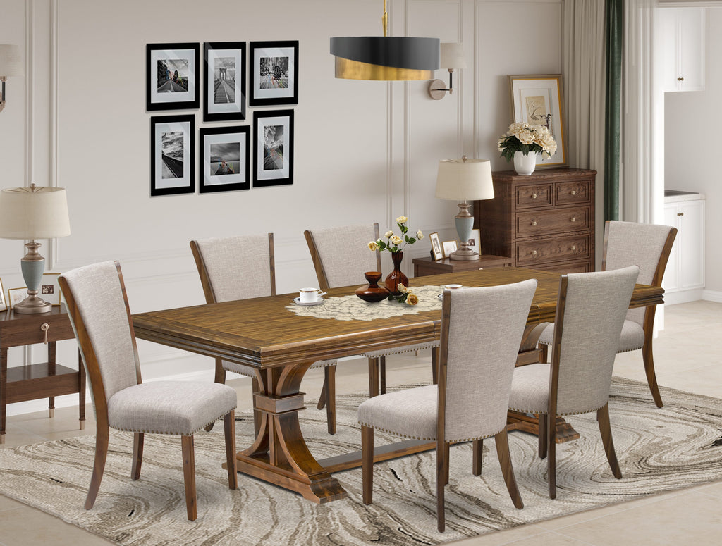 Luxe by East West Furniture NEVE7-AWA-04 7-piece Modern Dining Table Set consists of a Kitchen Table and 6 Light Tan Linen Fabric Dining Chairs with Button tufted Back - Antique Walnut Finish