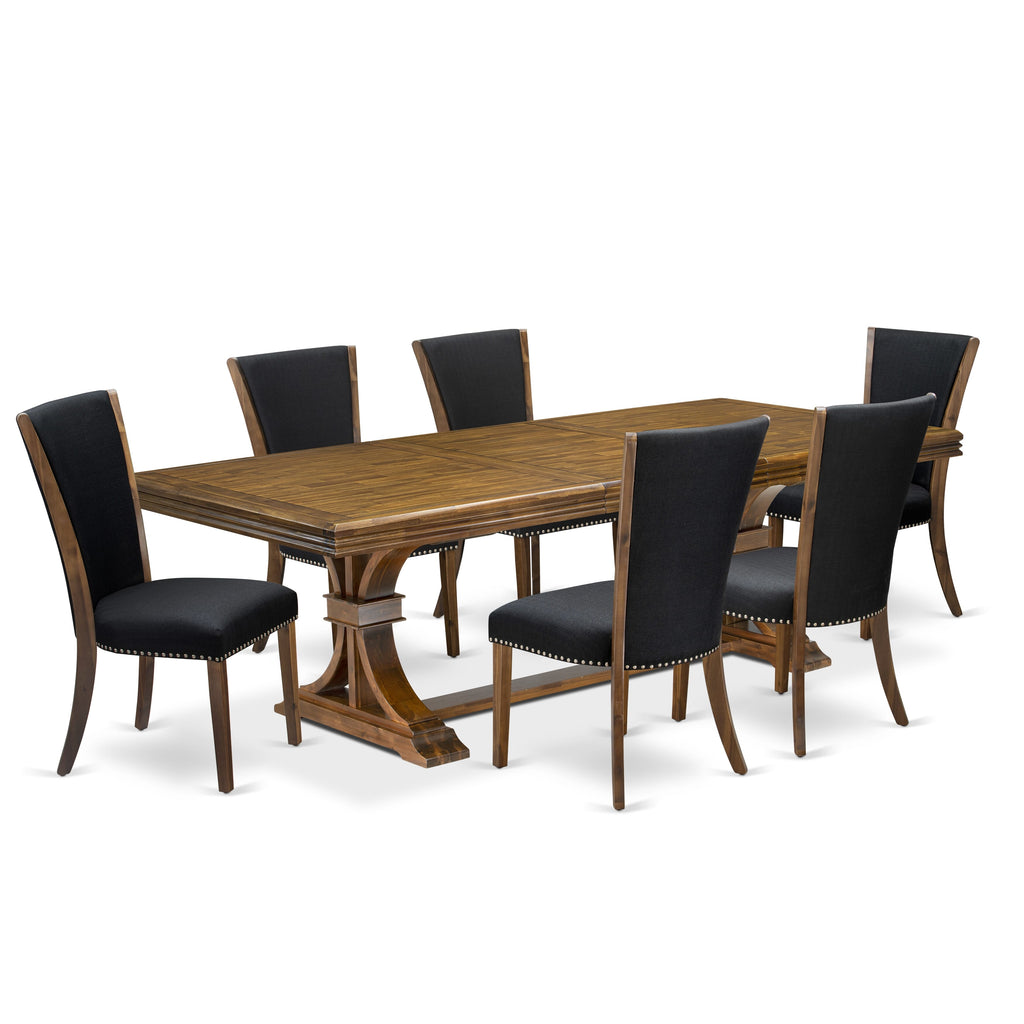 Luxe by East West Furniture NEVE7-AWA-24 7-piece Mid-Century Dining Table Set includes a Dining Table and 6 Black Linen Fabric Dinner Chairs with Button tufted Back - Antique Walnut Finish