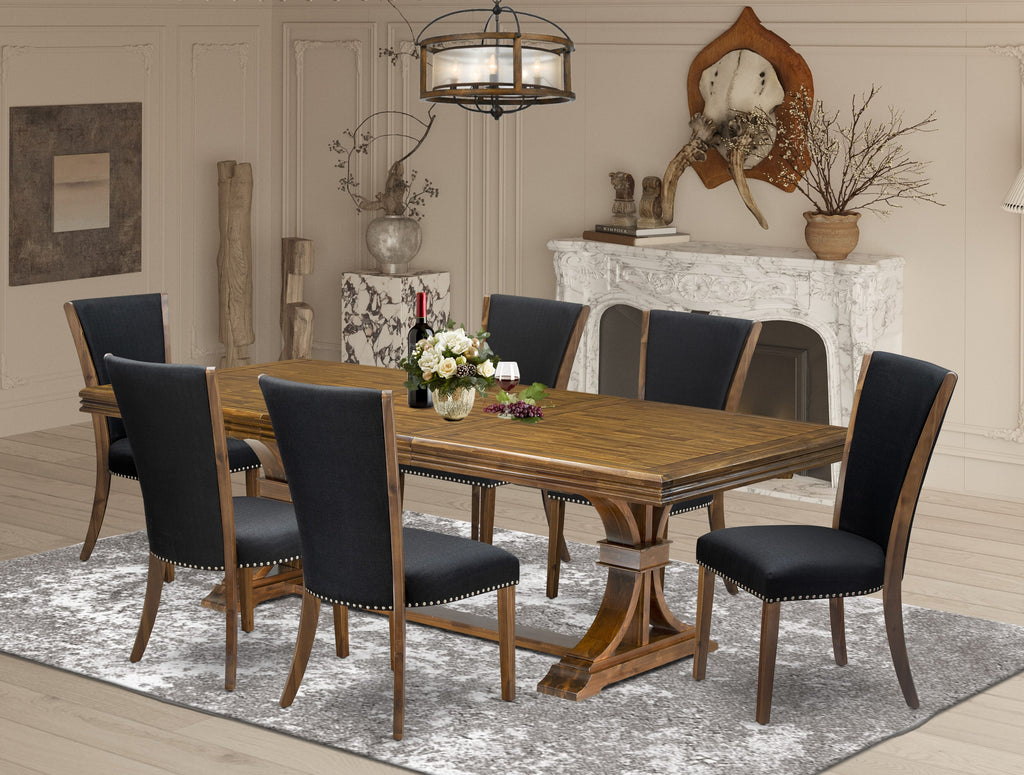 Luxe by East West Furniture NEVE7-AWA-24 7-piece Mid-Century Dining Table Set includes a Dining Table and 6 Black Linen Fabric Dinner Chairs with Button tufted Back - Antique Walnut Finish