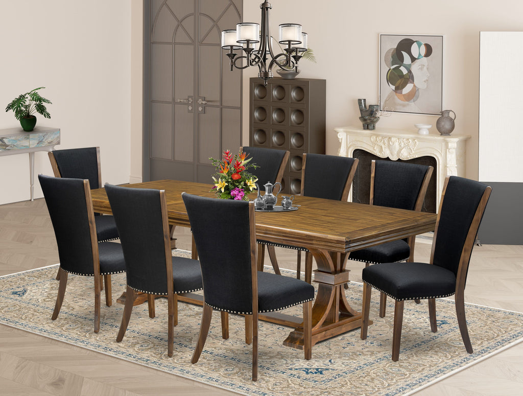 Luxe by East West Furniture NEVE9-AWA-24 9-piece Dining Room Set consists of a Kitchen Table and 8 Black Linen Fabric Dining Chairs with Button tufted Back - Antique Walnut Finish