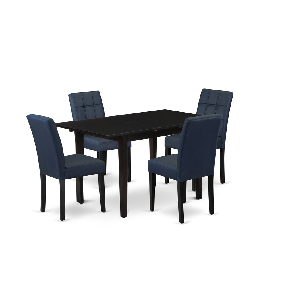 East West Furniture NFAS5-BLK-09 5 Piece Dinner Table Set consists A Dining Table and 4 Dark Navy Blue Faux Leather Kitchen Chairs with Stylish Back- Black Finish