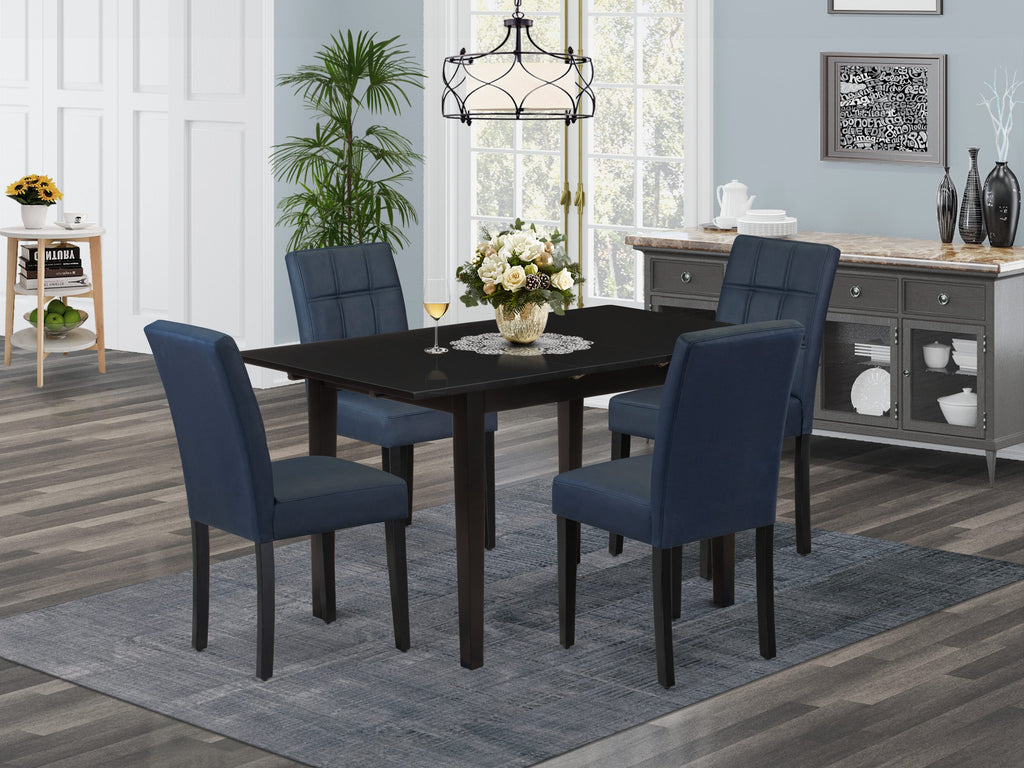 East West Furniture NFAS5-BLK-09 5 Piece Dinner Table Set consists A Dining Table and 4 Dark Navy Blue Faux Leather Kitchen Chairs with Stylish Back- Black Finish