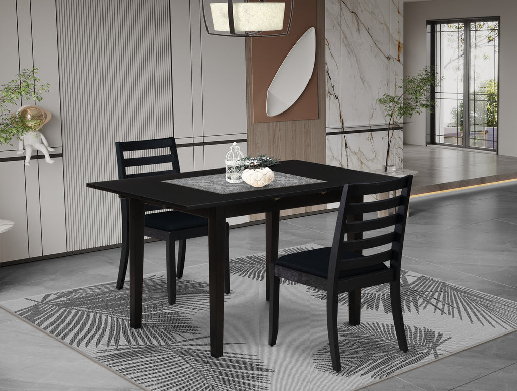 East West Furniture NFX13-BLK-24 -3 Piece Dining Set Includes a Rectangle Kitchen Table with Black Tabletop and 2 Stackable Linen Fabric Chairs, Black