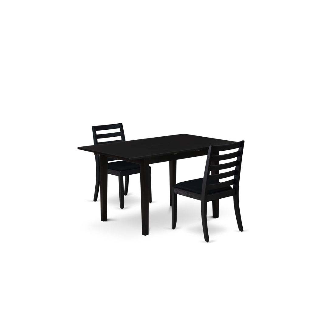 East West Furniture NFX13-BLK-24 -3 Piece Dining Set Includes a Rectangle Kitchen Table with Black Tabletop and 2 Stackable Linen Fabric Chairs, Black