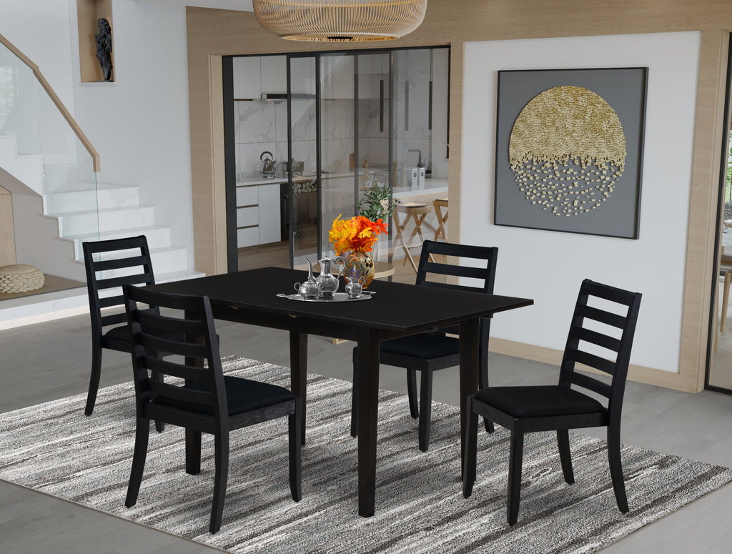 East West Furniture NFX15-BLK-24 -5 Piece Dining Set Includes a Rectangle Kitchen Table with Black Tabletop and 4 Stackable Linen Fabric Chairs, Black