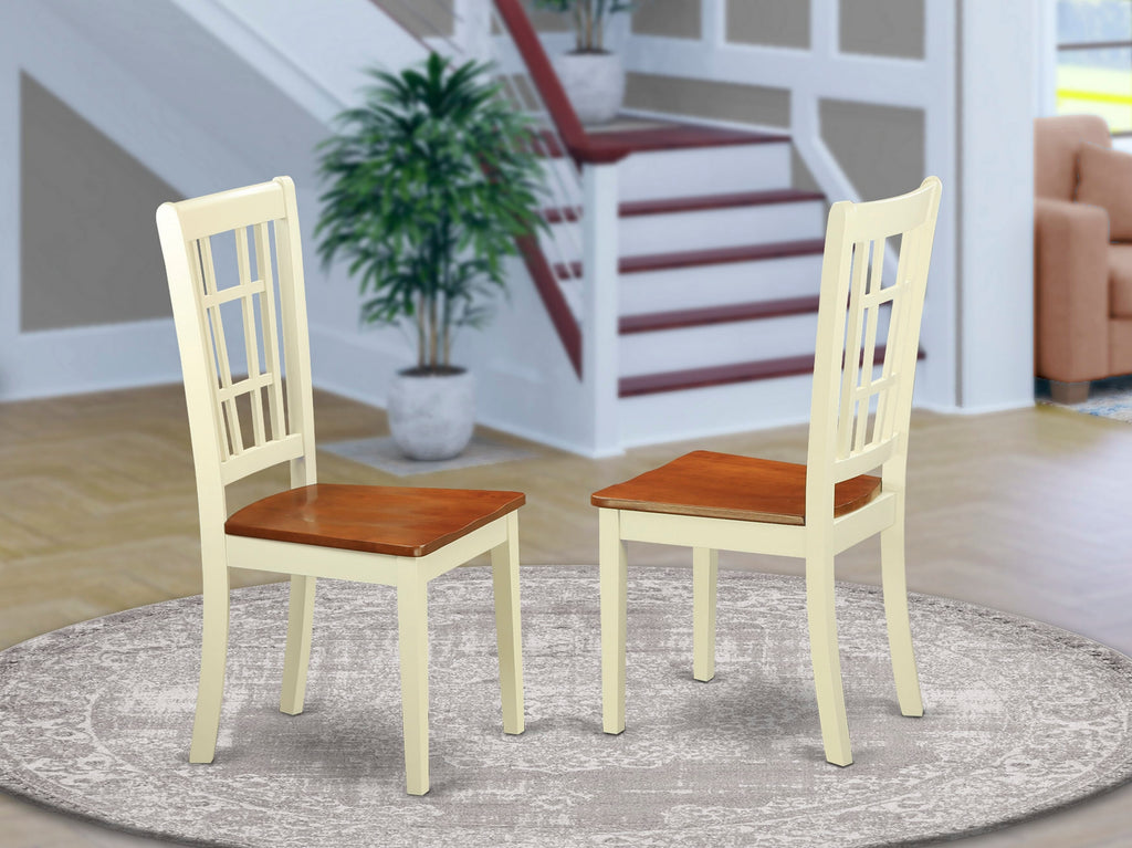 East West Furniture NIC-WHI-W Nicoli Dining Room Chairs - Stylish Back Wood Seat Chairs