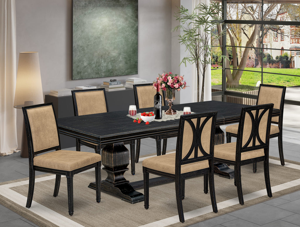 Luxe by East West Furniture NKAM7-SBB-28 7-piece Modern Dining Table Set includes a Dining Table and 6 Beige PU Leather Kitchen Chairs with High Back - Sand Blasting Black Finish