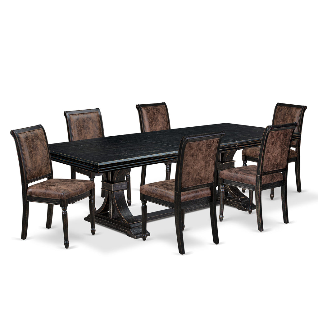 Luxe by East West Furniture NKCY7-SBB-33 7-piece Modern Dining Table Set consists of a Dining Table and 6 Brown Textured PU Leather Dining Room Chairs with High Back - Sand Blasting Black Finish