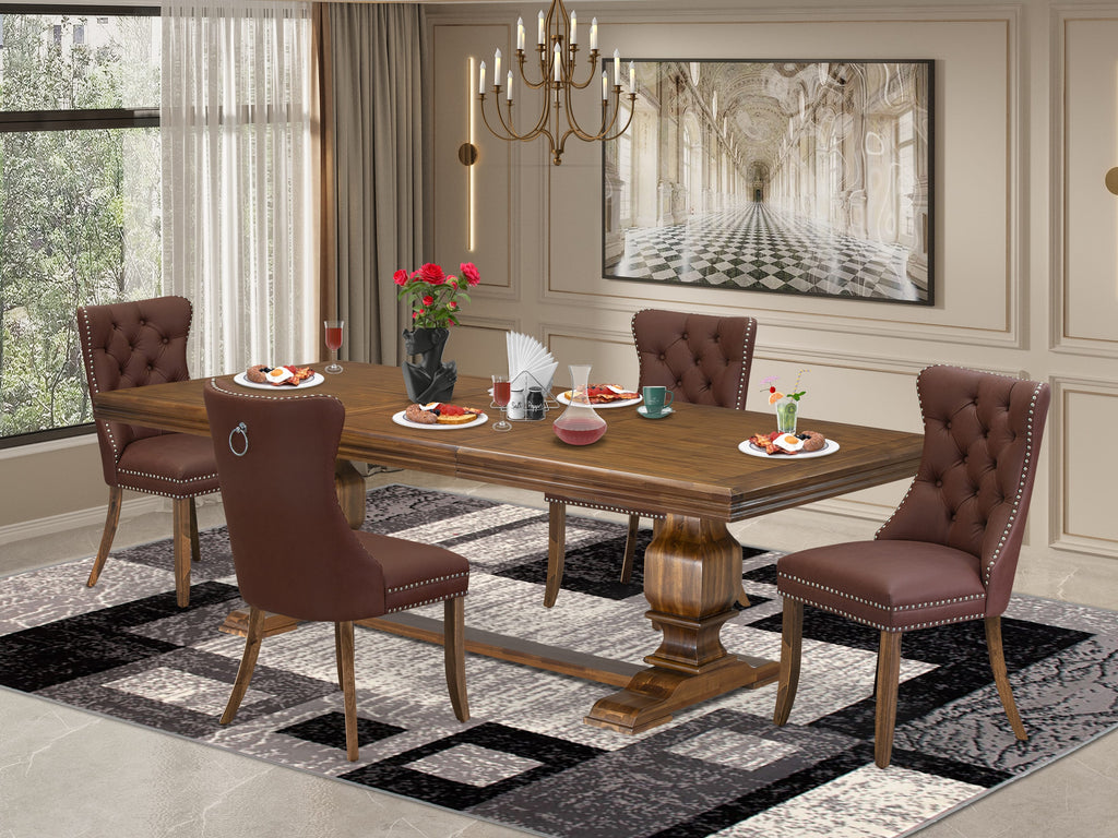 Luxe by East West Furniture NKDA5-AWA-26-5 Pieces Modern Dining Set Includes a Rectangle Kitchen Table and 4 Burgundy Faux Leather Dining Chairs, Antique Walnut