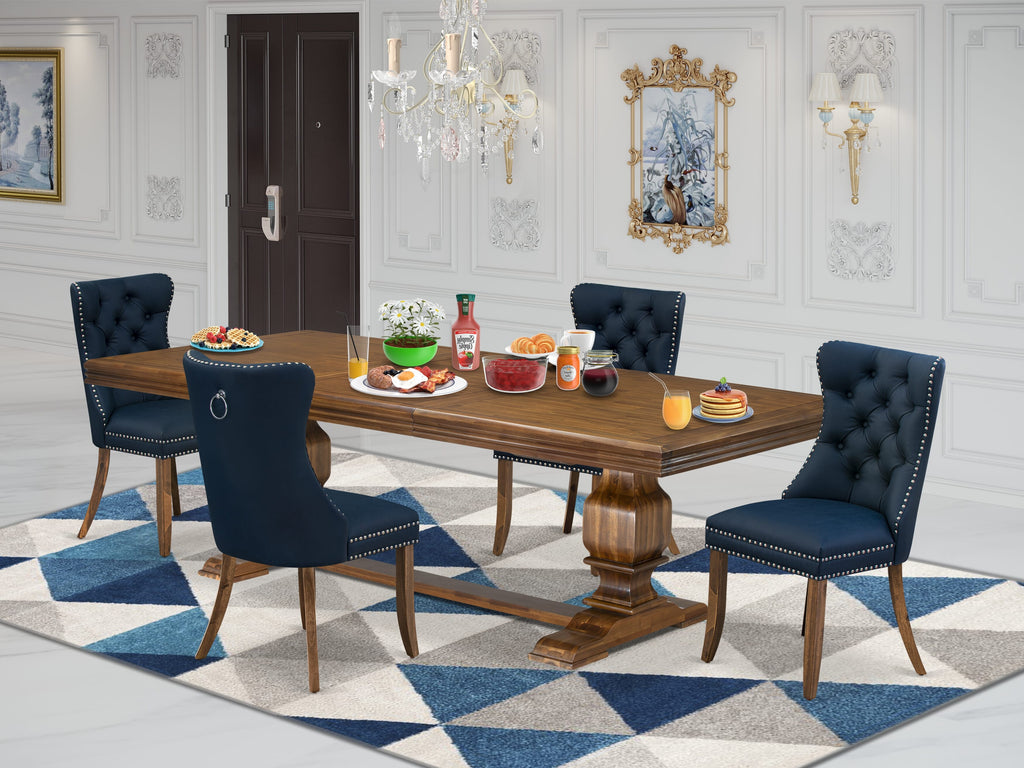 Luxe by East West Furniture NKDA5-AWA-29-5 Pieces Modern Dining Set Includes a Rectangle Kitchen Table and 4 Navy Blue Faux Leather Dining Chairs, Antique Walnut