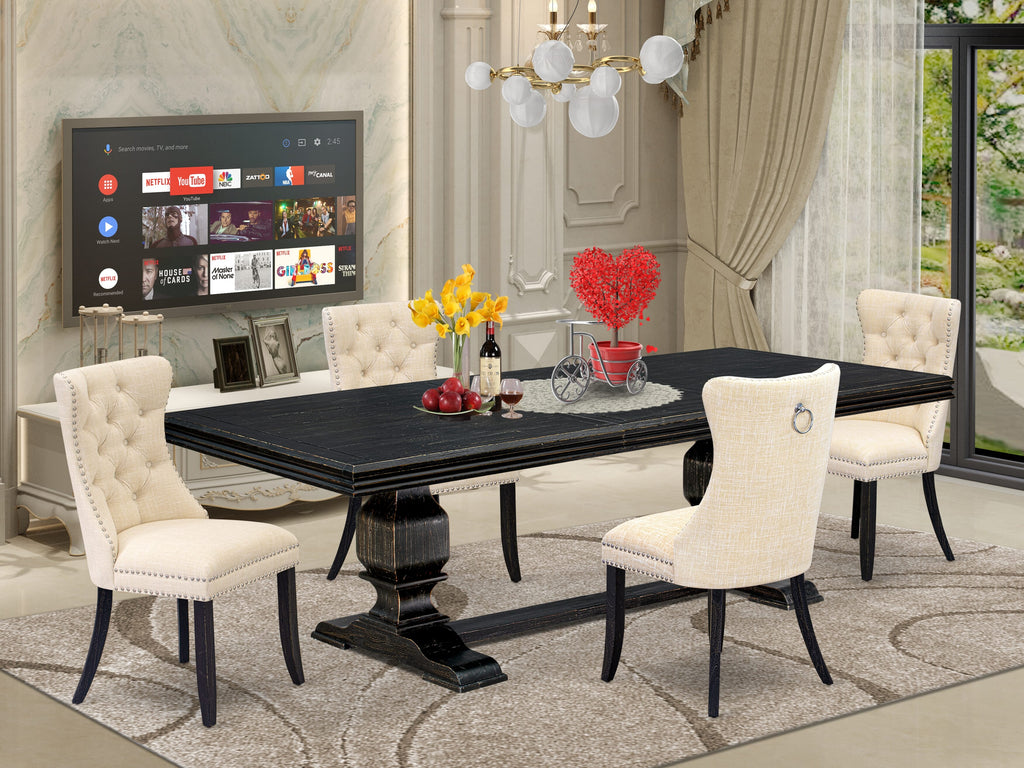 Luxe by East West Furniture NKDA5-SBB-32 - 5-piece dining room set consists of a kitchen dining table and 4 Light Beige Linen Fabric kitchen chairs with Button Tufted Chair Back - Sand Blasting Black Finish.