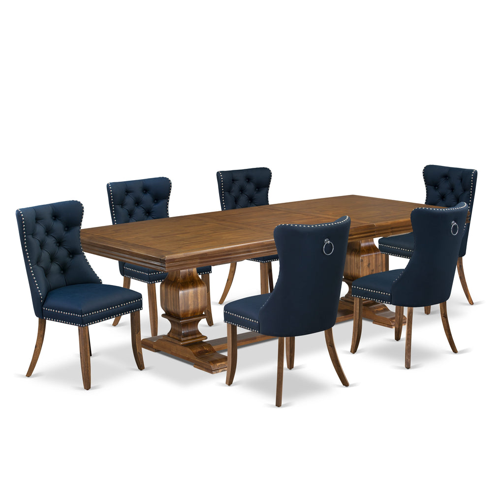 Luxe by East West Furniture NKDA7-AWA-29-7 Pieces Dining Set Contains a Rectangle Kitchen Table and 6 Navy Blue Faux Leather Modern Chairs, Antique Walnut
