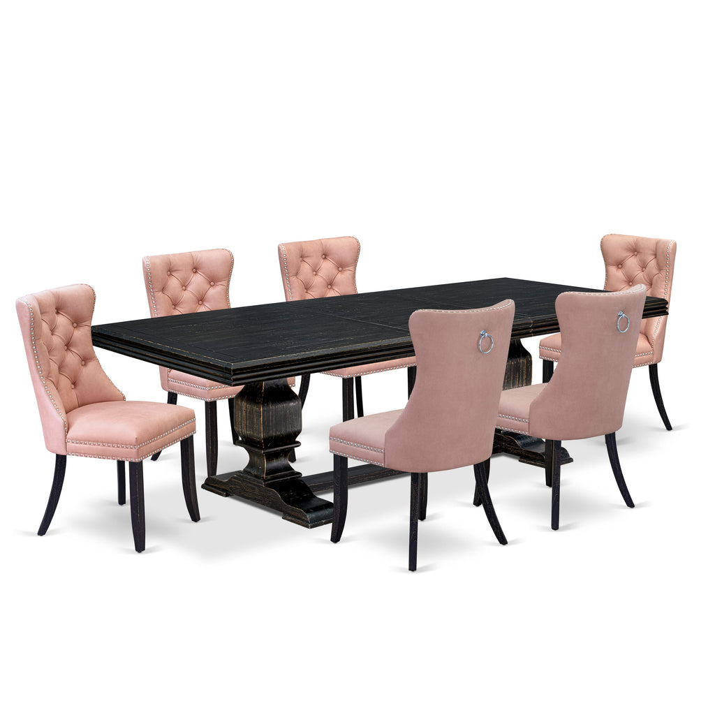 Luxe by East West Furniture NKDA7-SBB-23 7 Pieces Dining Set Contains a Rectangle Kitchen Table and 6 Beige Red Faux Leather Modern Chairs, Sand Blasting Black