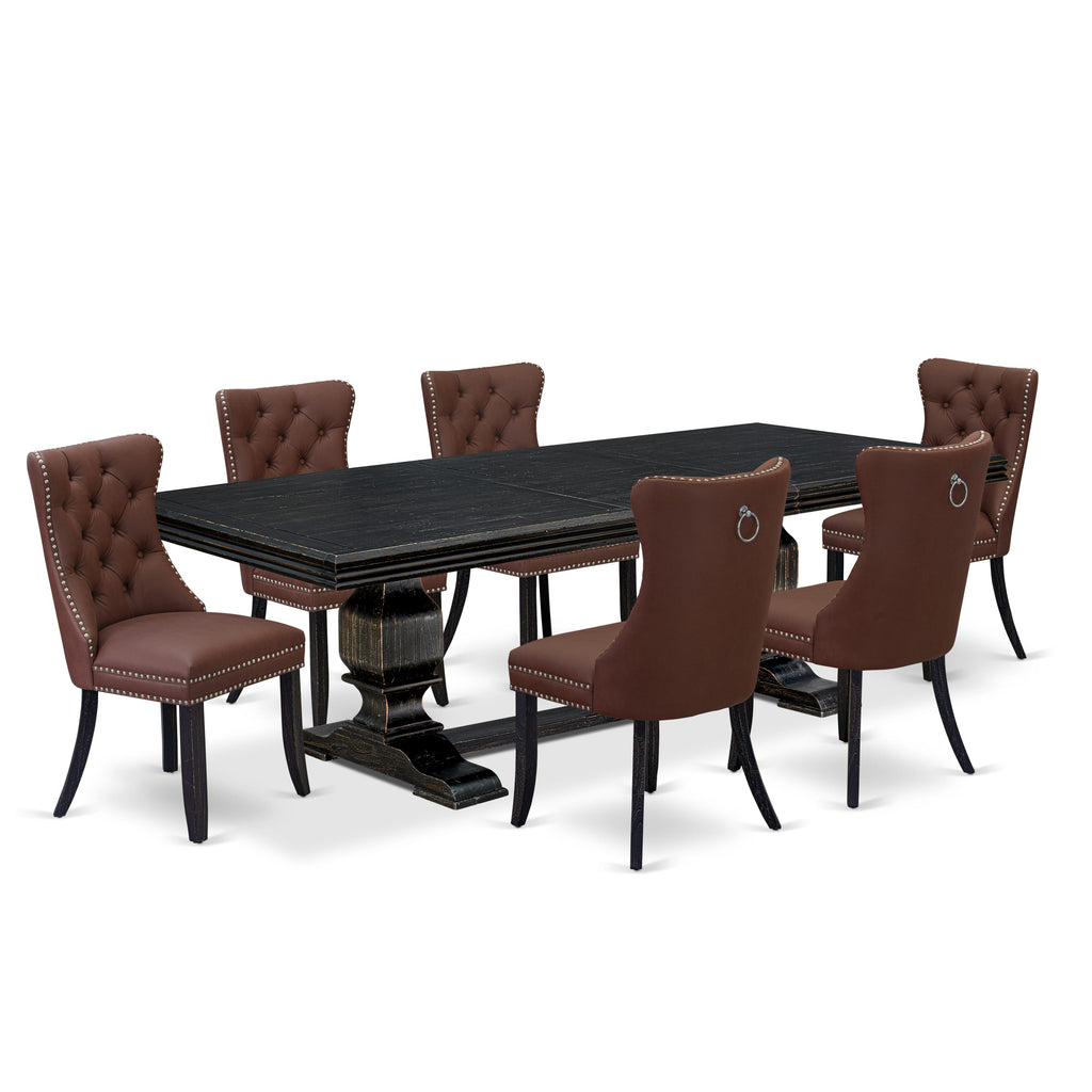 Luxe by East West Furniture NKDA7-SBB-26 - 7-piece dining table set includes a dinner table and 6 Burgundy Faux Leather dining chairs with Button Tufted Chair Back - Sand Blasting Black Finish