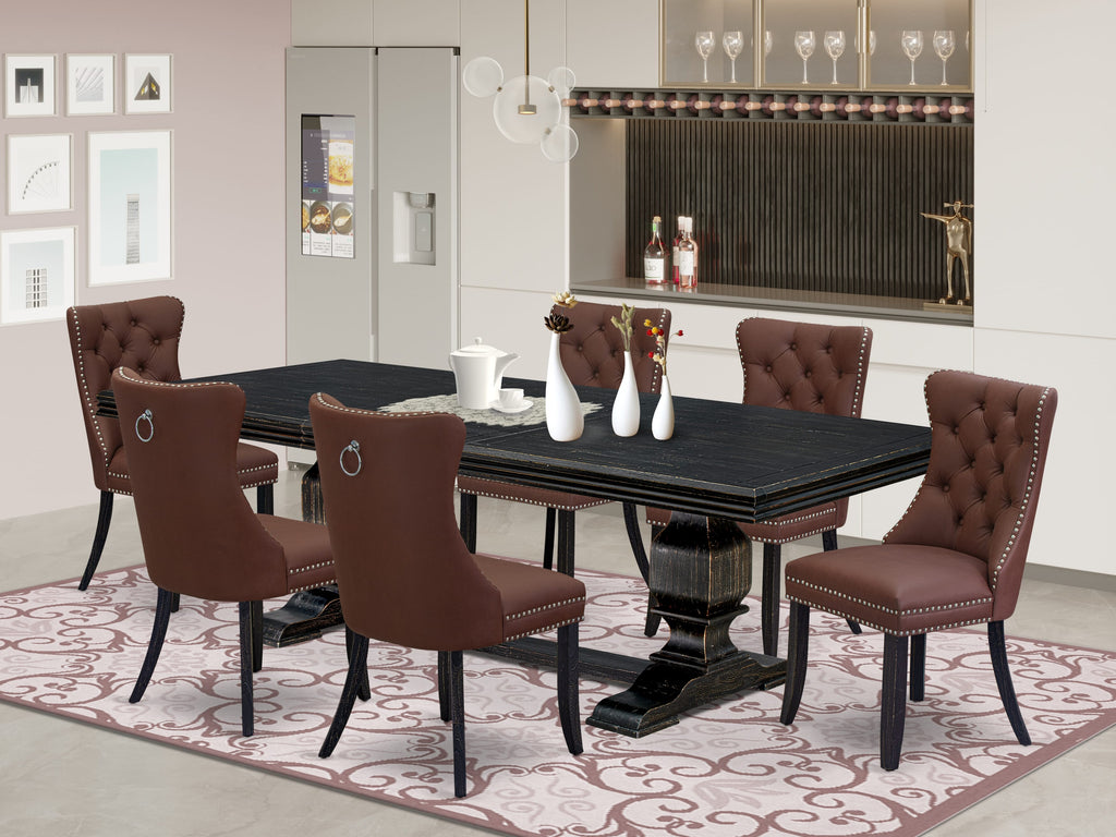 Luxe by East West Furniture NKDA7-SBB-26 - 7-piece dining table set includes a dinner table and 6 Burgundy Faux Leather dining chairs with Button Tufted Chair Back - Sand Blasting Black Finish