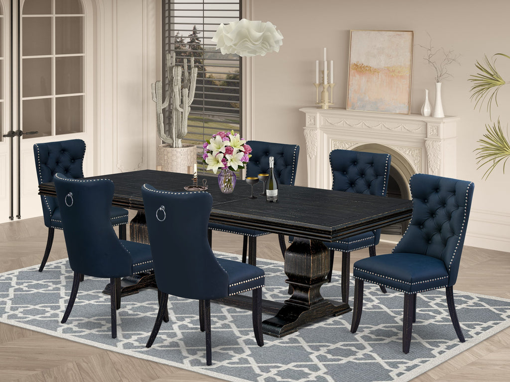 Luxe by East West Furniture NKDA7-SBB-29 - 7-piece dining room set includes a rectangular table and 6 Navy Blue Faux Leather parson Chairs with Button Tufted Chair Back - Sand Blasting Black Finish.