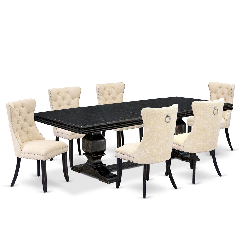 Luxe by East West Furniture NKDA7-SBB-32 - 7-piece dining set consists of a dining table and 6 Light Beige Linen Fabric kitchen chairs with Button Tufted Chair Back - Sand Blasting Black Finish.