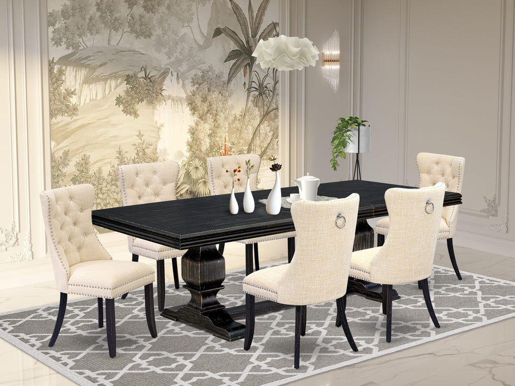 Luxe by East West Furniture NKDA7-SBB-32 - 7-piece dining set consists of a dining table and 6 Light Beige Linen Fabric kitchen chairs with Button Tufted Chair Back - Sand Blasting Black Finish.