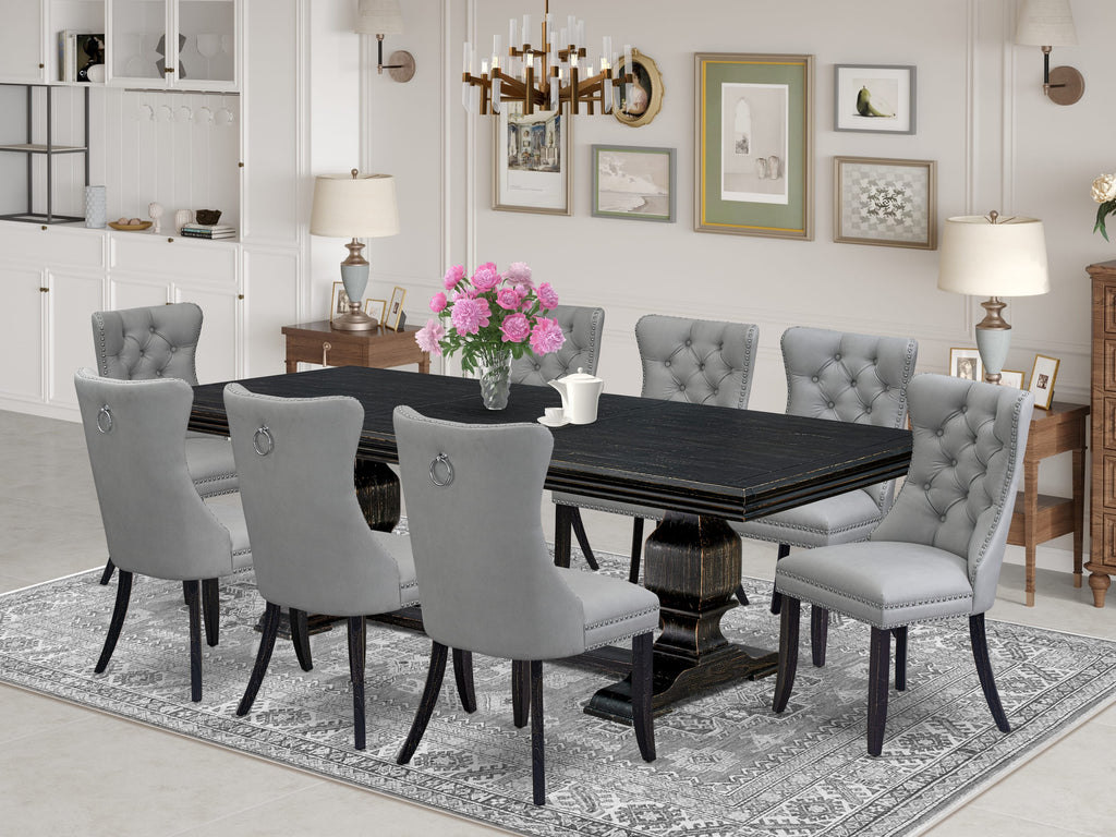 Luxe by East West Furniture NKDA9-SBB-27 - 9-piece mid-century kitchen set includes a wooden table and 8 Light Gray Faux Leather kitchen Chairs with Button Tufted Chair Back - Sand Blasting Black Finish.