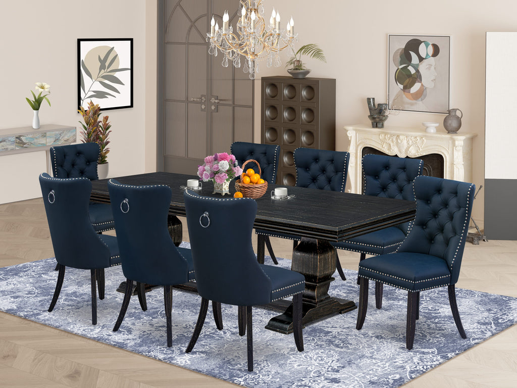 Luxe by East West Furniture NKDA9-SBB-29 - 9-piece kitchen table set includes a dinner table and 8 Navy Blue Faux Leather dining Chairs with Button Tufted Chair Back - Sand Blasting Black Finish.
