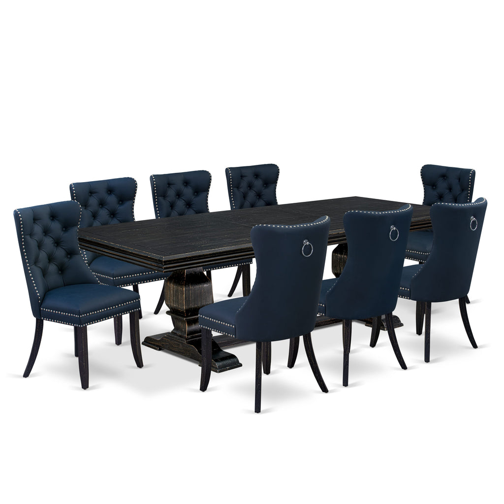 Luxe by East West Furniture NKDA9-SBB-29 - 9-piece kitchen table set includes a dinner table and 8 Navy Blue Faux Leather dining Chairs with Button Tufted Chair Back - Sand Blasting Black Finish.