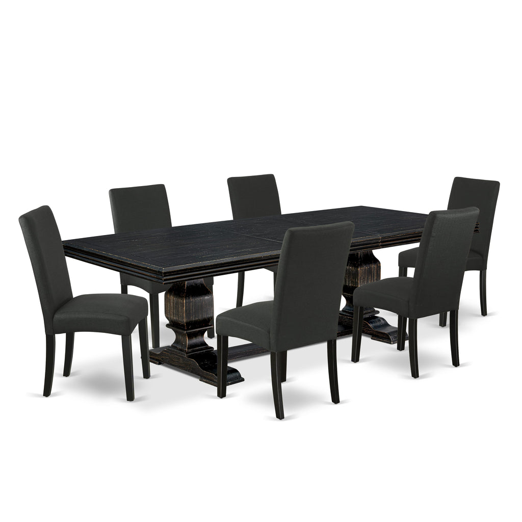 Luxe by East West Furniture NKDR7-SBB-24 - 7-piece kitchen dining set consists of a rectangular table and 6 Black Linen Fabric dining chairs with Padded Chair Back - Sand Blasting Black Finish.