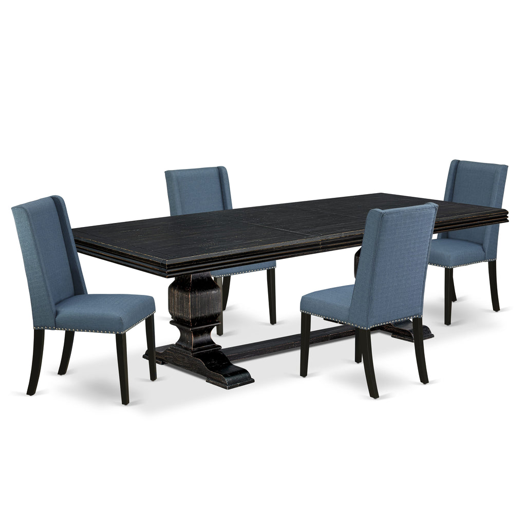 Luxe by East West Furniture NKFL5-SBB-21 - 5-piece dining set consists of a wooden table and 4 Mineral Blue Linen Fabric kitchen chairs with Padded Chair Back - Sand Blasting Black Finish.
