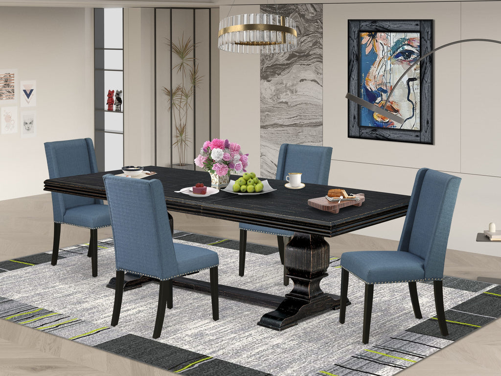 Luxe by East West Furniture NKFL5-SBB-21 - 5-piece dining set consists of a wooden table and 4 Mineral Blue Linen Fabric kitchen chairs with Padded Chair Back - Sand Blasting Black Finish.