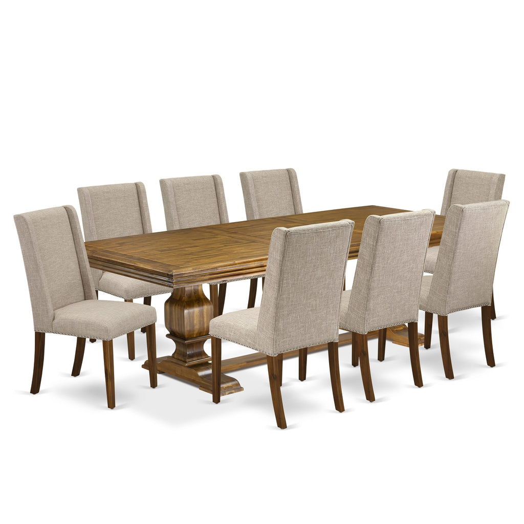 Luxe by East West Furniture NKFL9-AWA-04 - 9-piece kitchen table set includes a kitchen table and 8 Light Tan Linen Fabric dining chairs with Padded Chair Back - Antique Walnut Finish.