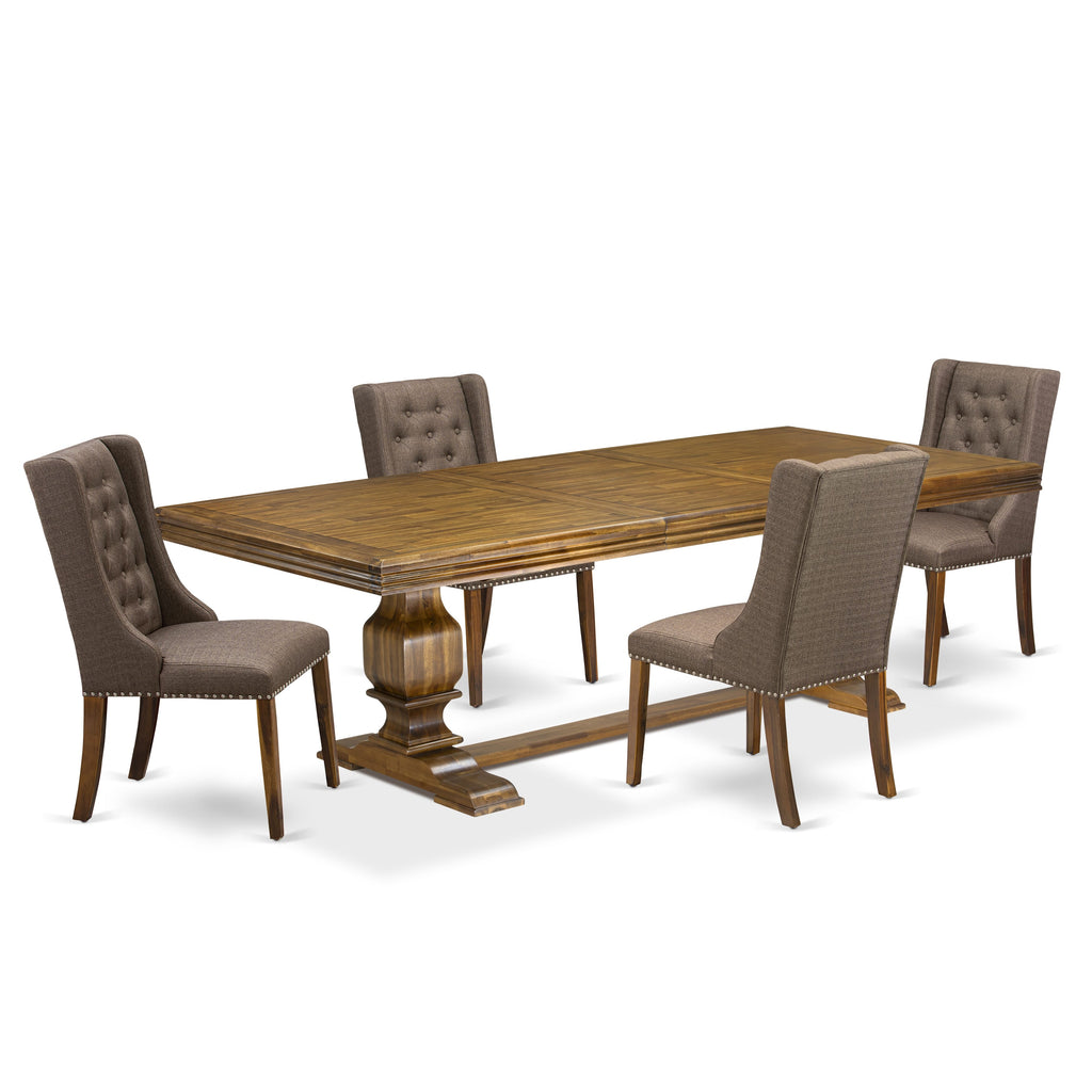 Luxe by East West Furniture NKFO5-AWA-18 - 5-piece dining table set consists of a kitchen table and 4 Brown Linen Fabric modern chairs with Button Tufted Chair Back - Antique Walnut finish.