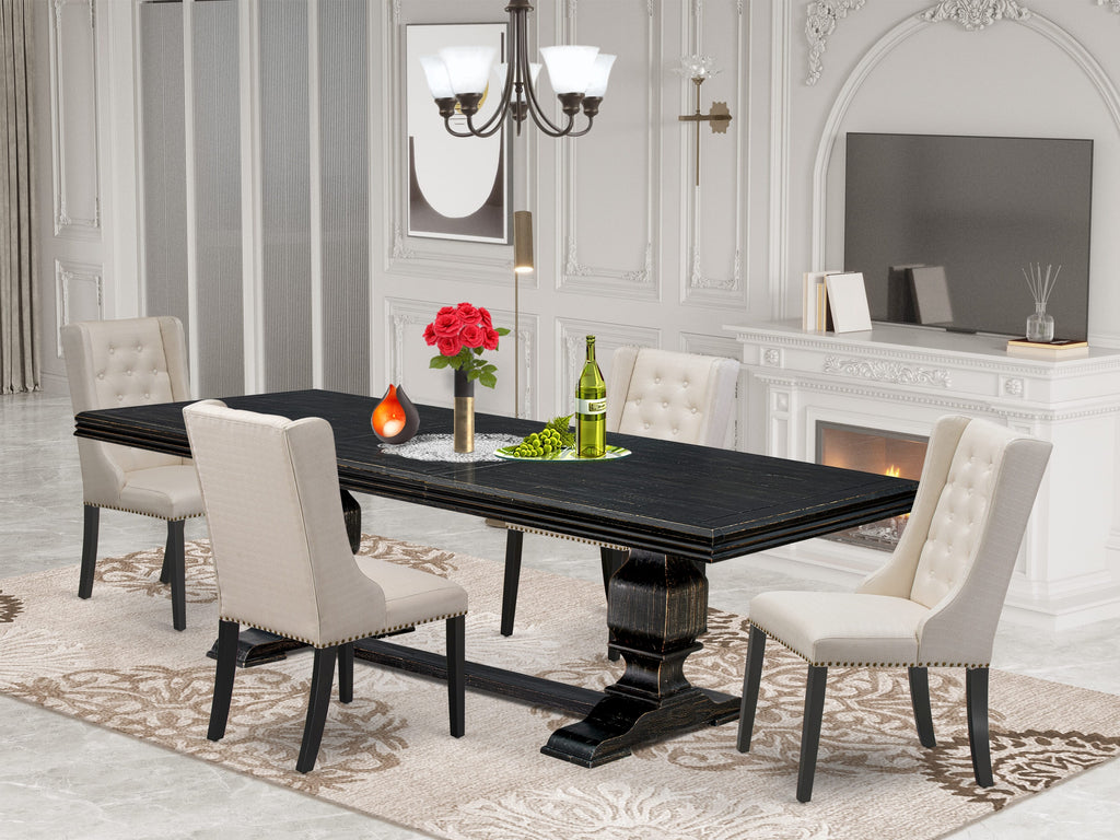 Luxe by East West Furniture NKFO5-SBB-01 - 5-piece kitchen set includes in a wooden table and 4 Cream Linen Fabric kitchen chairs & black legs with Button Tufted Back - Sand Blasting Black finish.