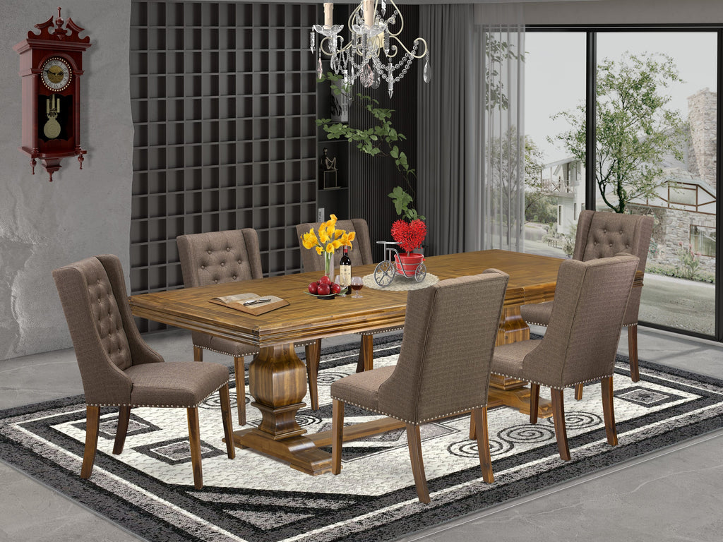 Luxe by East West Furniture NKFO7-AWA-18 - 7-piece dining room set includes a dinner table and 6 Brown Linen Fabric upholstered chairs with Button Tufted Chair Back - Antique Walnut finish.