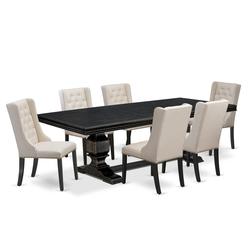 Luxe by East West Furniture NKFO7-SBB-01 - 7-piece dining set consists of a dining table and 6 Cream Linen Fabric kitchen chairs & black legs with Button Tufted Back - Sand Blasting Black finish.