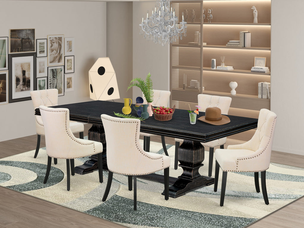 Luxe by East West Furniture NKFR7-SBB-02 - 7-piece dining set includes a dining table and 4 Light Beige Linen Fabric dining chairs & black legs with Button Tufted Chair Back - Sand Blasting Black finish.
