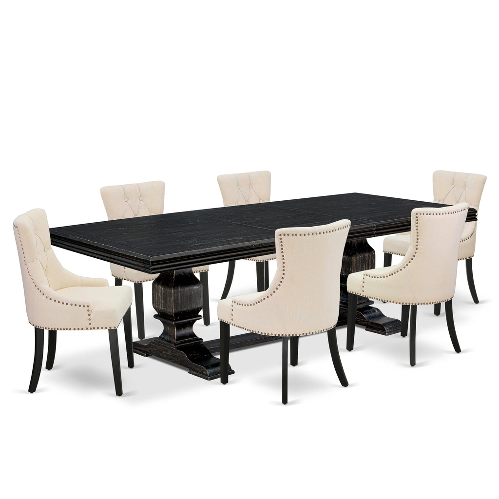 Luxe by East West Furniture NKFR7-SBB-02 - 7-piece dining set includes a dining table and 4 Light Beige Linen Fabric dining chairs & black legs with Button Tufted Chair Back - Sand Blasting Black finish.