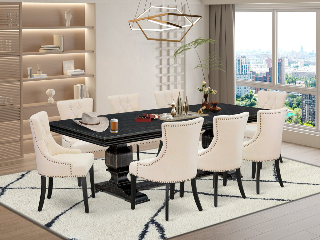 Luxe by East West Furniture NKFR9-SBB-02 - 9-piece dining set consists of a dining table & 8 Light Beige Linen Fabric kitchen chairs & black legs with Button Tufted Back - Sand Blasting Black finish.