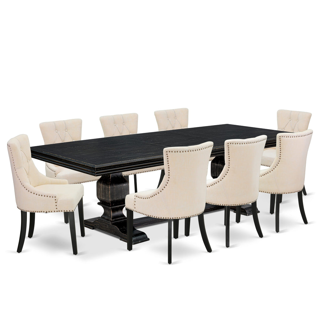 Luxe by East West Furniture NKFR9-SBB-02 - 9-piece dining set consists of a dining table & 8 Light Beige Linen Fabric kitchen chairs & black legs with Button Tufted Back - Sand Blasting Black finish.