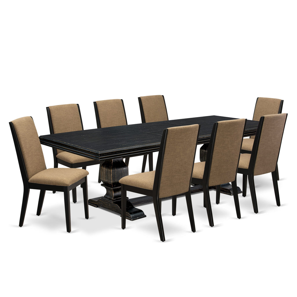 Luxe by East West Furniture NKLA9-SBB-47 9 Pieces Dining set consists of a Rectangular Kitchen Table and 8 Light Sable Linen Fabric Dining Chairs with Black legs - Sand Blasting Black finish
