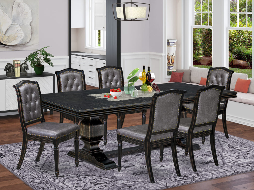 Luxe by East West Furniture - NKMA7-SBB-34 - 7-piece Mid Century Dining Table Set consists of a Dining Table and 6 Dark Grey PU Leather Chairs with Button Tufted Back - Sand Blasting Black Finish